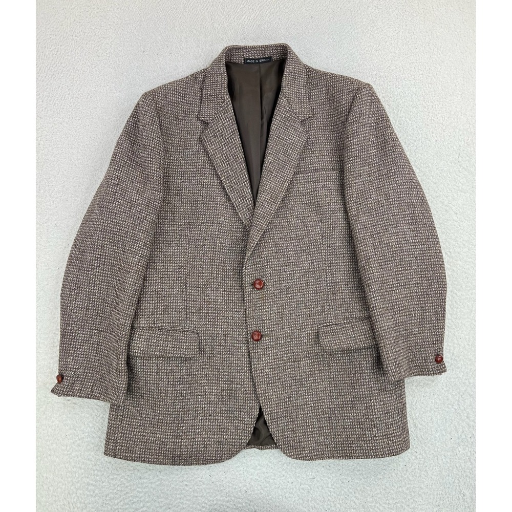 Harris Tweed Blazer Mens 44R Brown Wool Check Sport Coat 2 Button Made Britain